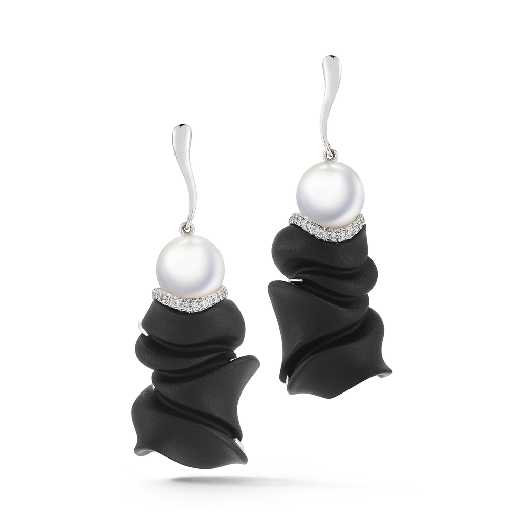 Carved Black Jade, Pearl and Diamond Earrings by Diana Vincent