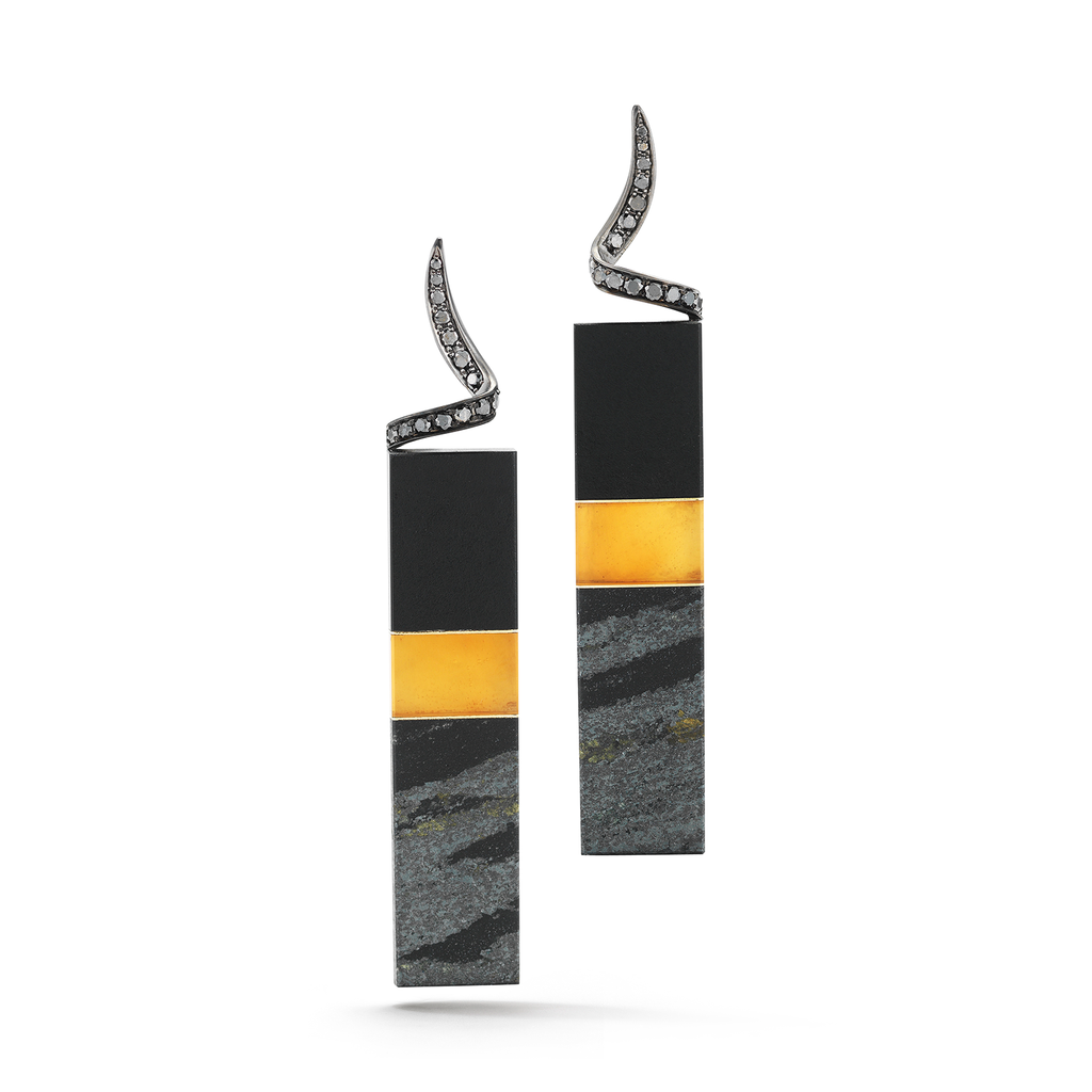 Carved Black Jade, Citrine, Hematite with Black Diamond Earrings by Diana Vincent