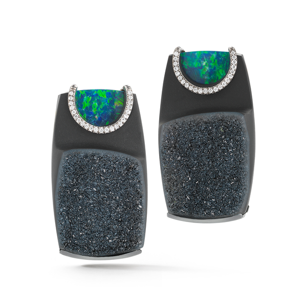 Carved Black Onyx Druzy, Opal Gemstone and Diamond Earrings by Diana Vincent