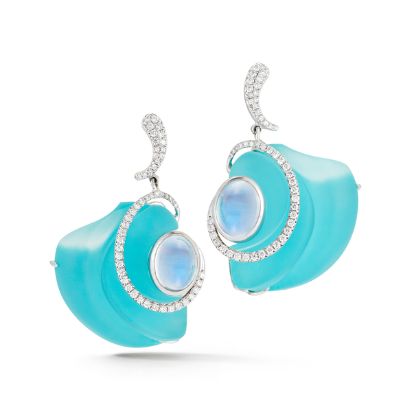 Carved Turquoise, Rock Crystal, Moonstone Gemstones and Diamond Earrings by Diana Vincent