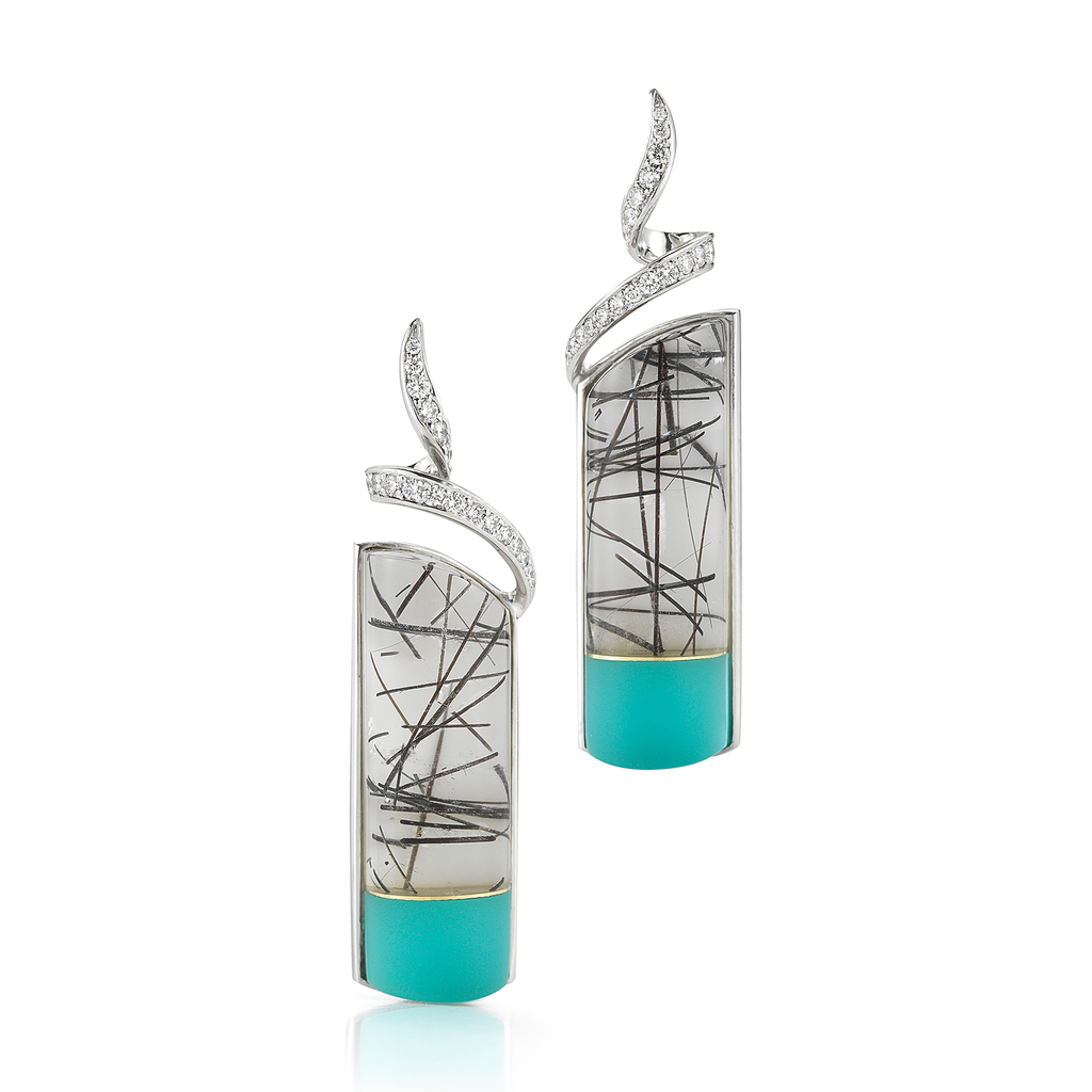 Carved Tourmaline Quartz, Turquoise, Rock Crystal and Diamond Twirl Earrings by Diana Vincent