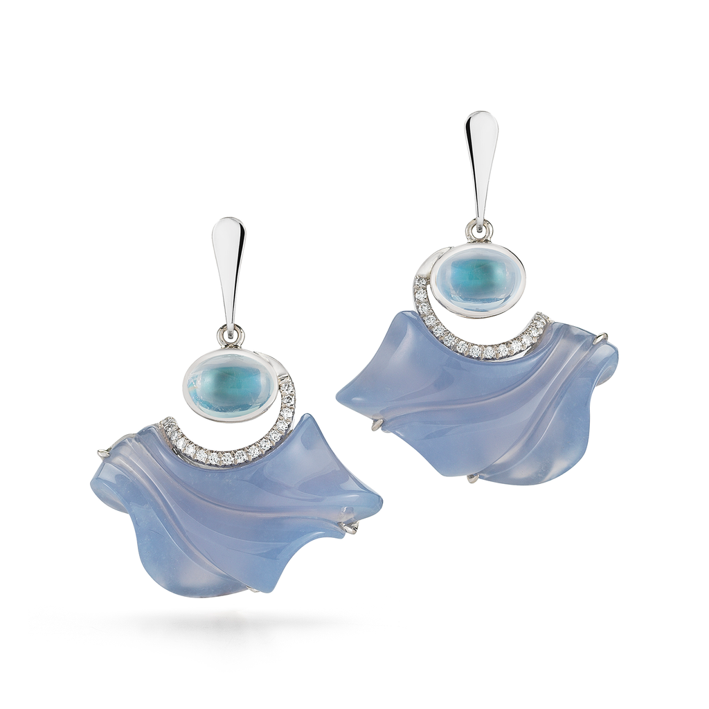 Carved Blue Chalcedony, Moonstone and Diamond Floating Earrings by Diana Vincent