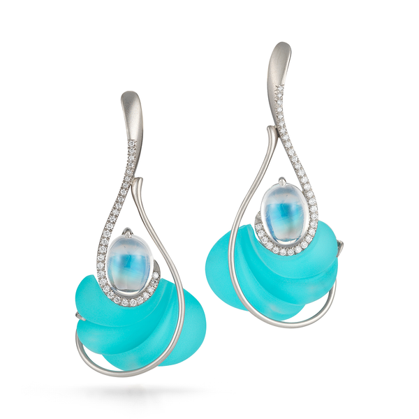 Carved Turquoise, Rock Crystal, Moonstone Gemstone and Diamond Drop Earrings by Diana Vincent