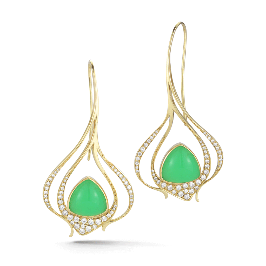 Chrysoprase and Diamond Gemstone Yellow Gold Earrings by Diana Vincent