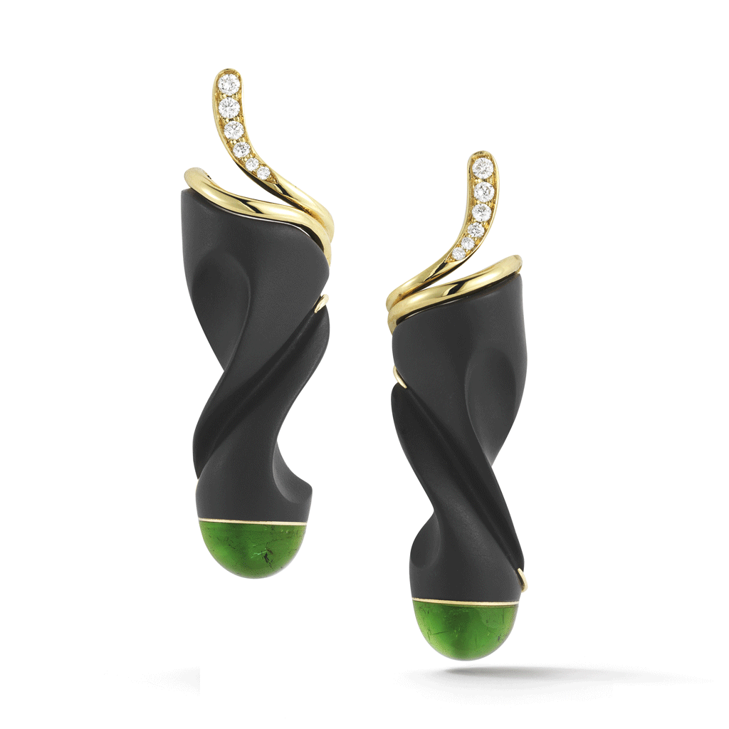Carved Black Jade, Green Tourmaline, and Diamond Earrings by Diana Vincent