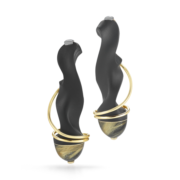 Carved Black Jade and Rutilated Quartz Earrings by Diana Vincent