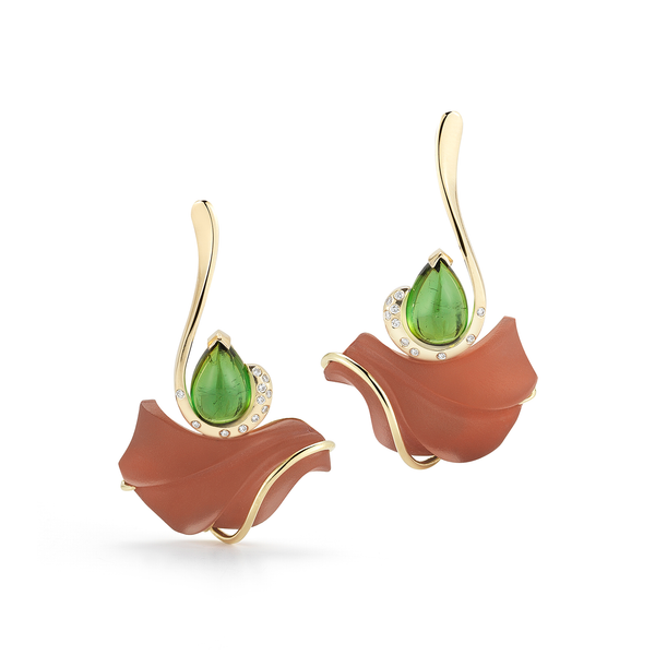 Carved Green Tourmaline, Red Jasper, Rock Crystal and Diamond Earrings by Diana Vincent