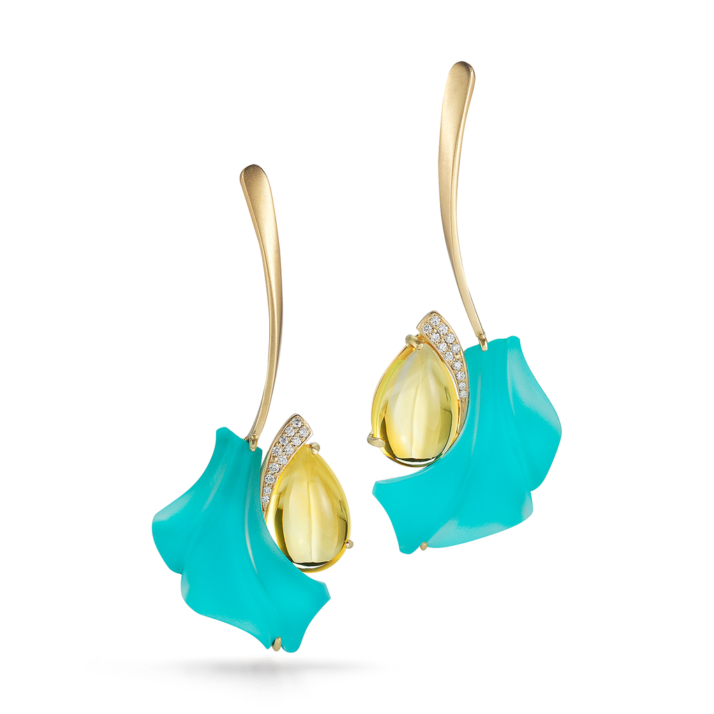 Carved Turquoise, Rock Crystal, Citrine Gemstone and Diamond Earrings by Diana Vincent