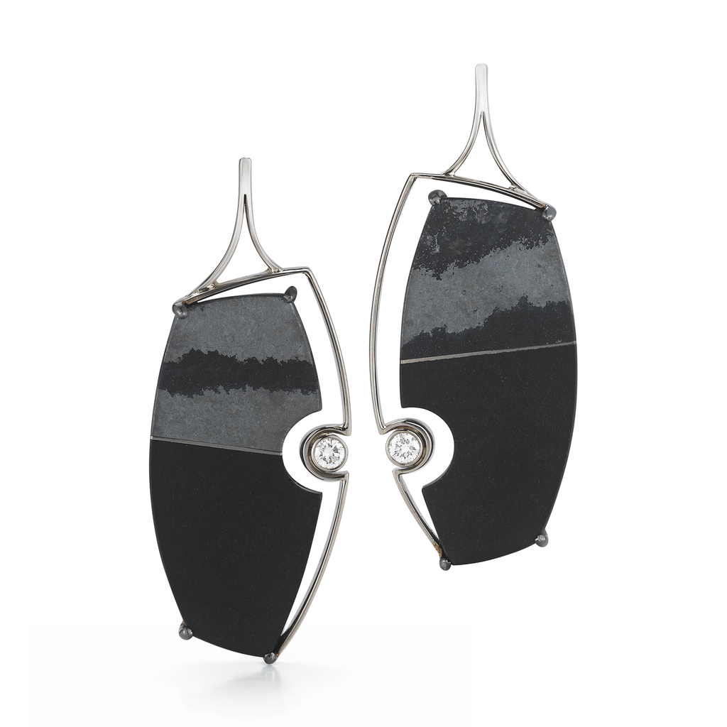 Carved Black Tourmaline, Hematite And Diamond Earrings by Diana Vincent