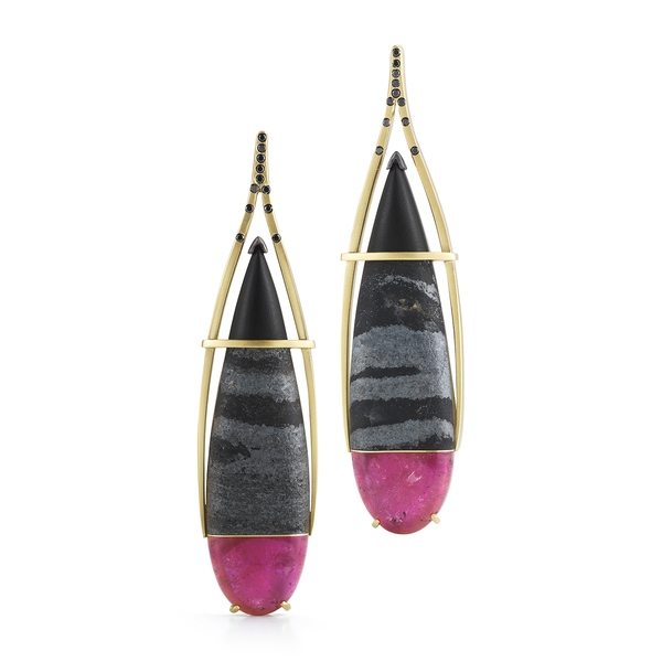 Pink Long Tourmaline, Hematite, Black Jade and Black Diamond Earrings by Diana Vincent