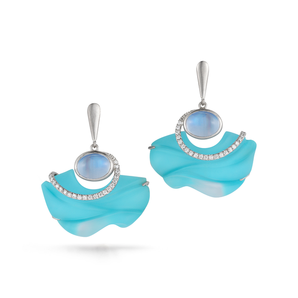 Carved Turquoise, Rock Crystal, Moonstone Gemstone and Diamond Floating Earrings by Diana Vincent