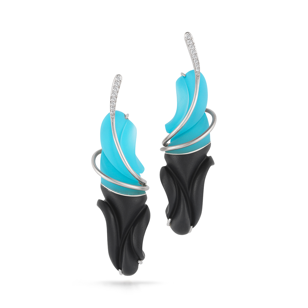 Carved Black Jade, Turquoise, Rock Crystal and Diamond Earrings by Diana Vincent