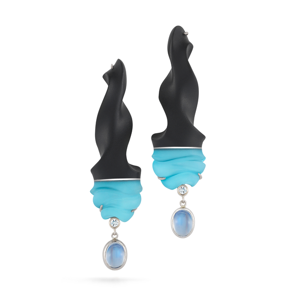 Carved Black Jade, Turquoise, Rock Crystal, Moonstone Gemstone and Diamond Earrings by Diana Vincent