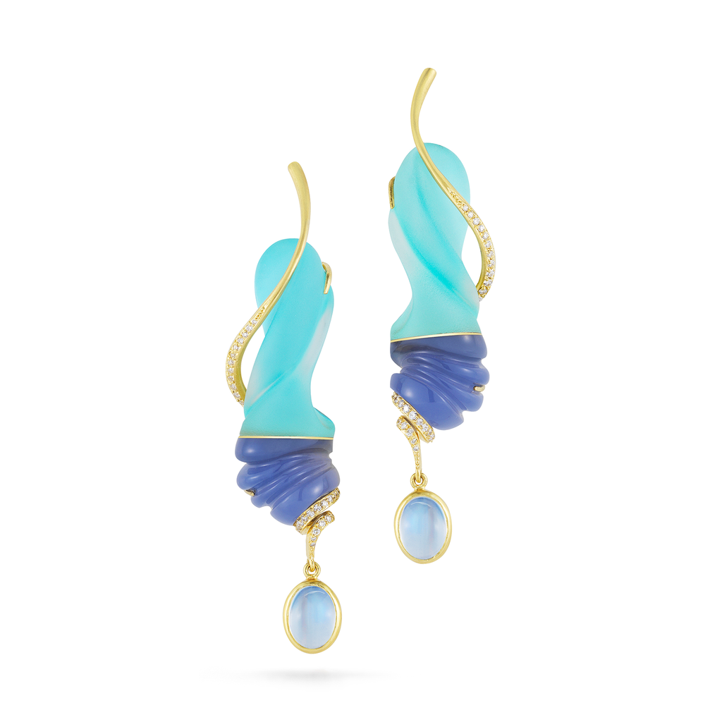 Carved Blue Chalcedony, Turquoise, Rock Crystal, Moonstone Gemstone and Diamond Earrings by Diana Vincent