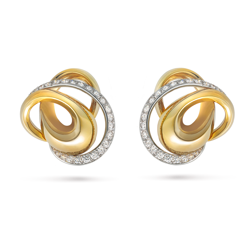 Signature Diamond Pave, Platinum and Yellow Gold Swirl Earrings by Diana Vincent