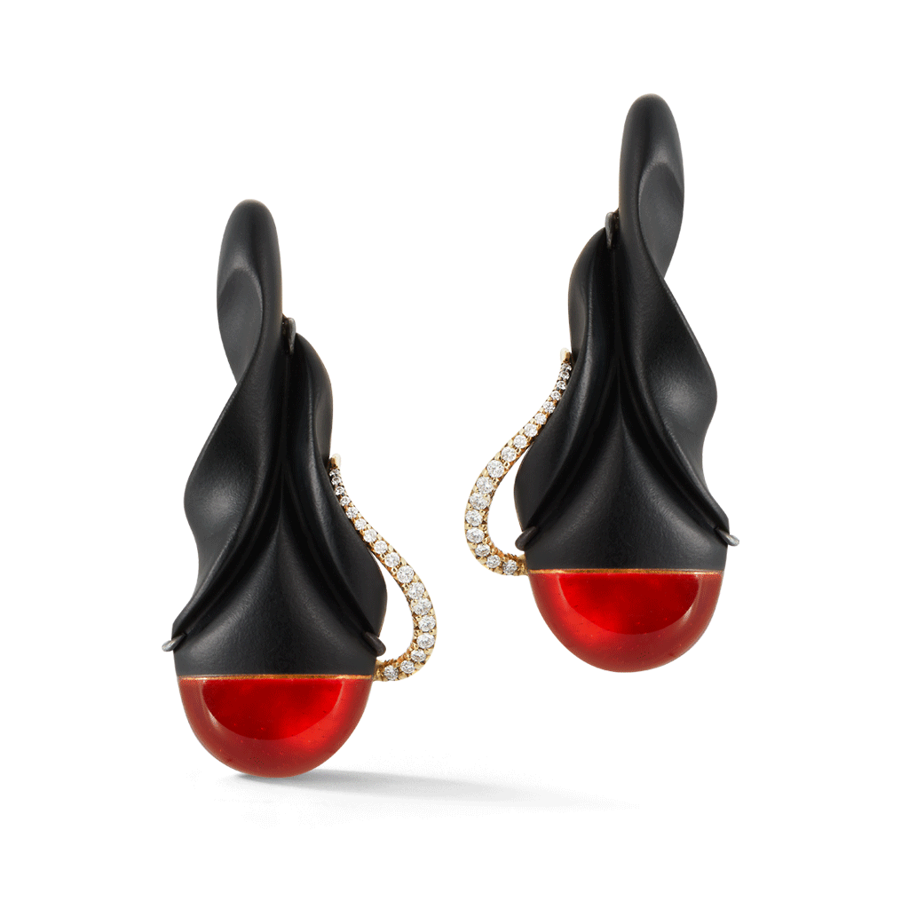 Shop the Carved Black Jade, Mexican Fire Opal, Mother of Pearl and Diamond Earrings Online