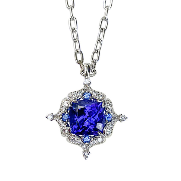 One of a Kind Tanzanite, Blue Sapphire and Diamond Pendant Necklace in Platinum by Diana Vincent