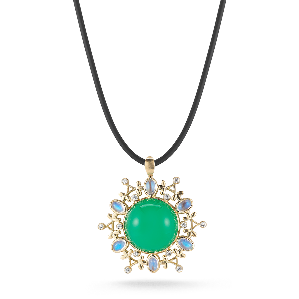 Chrysoprase, Moonstone and Diamond Mandala Pendant Necklace by Diana Vincent