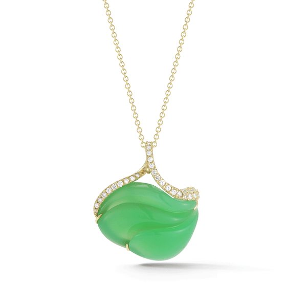 Carved Chrysoprase, Diamond Pendant in Yellow Gold by Diana Vincent