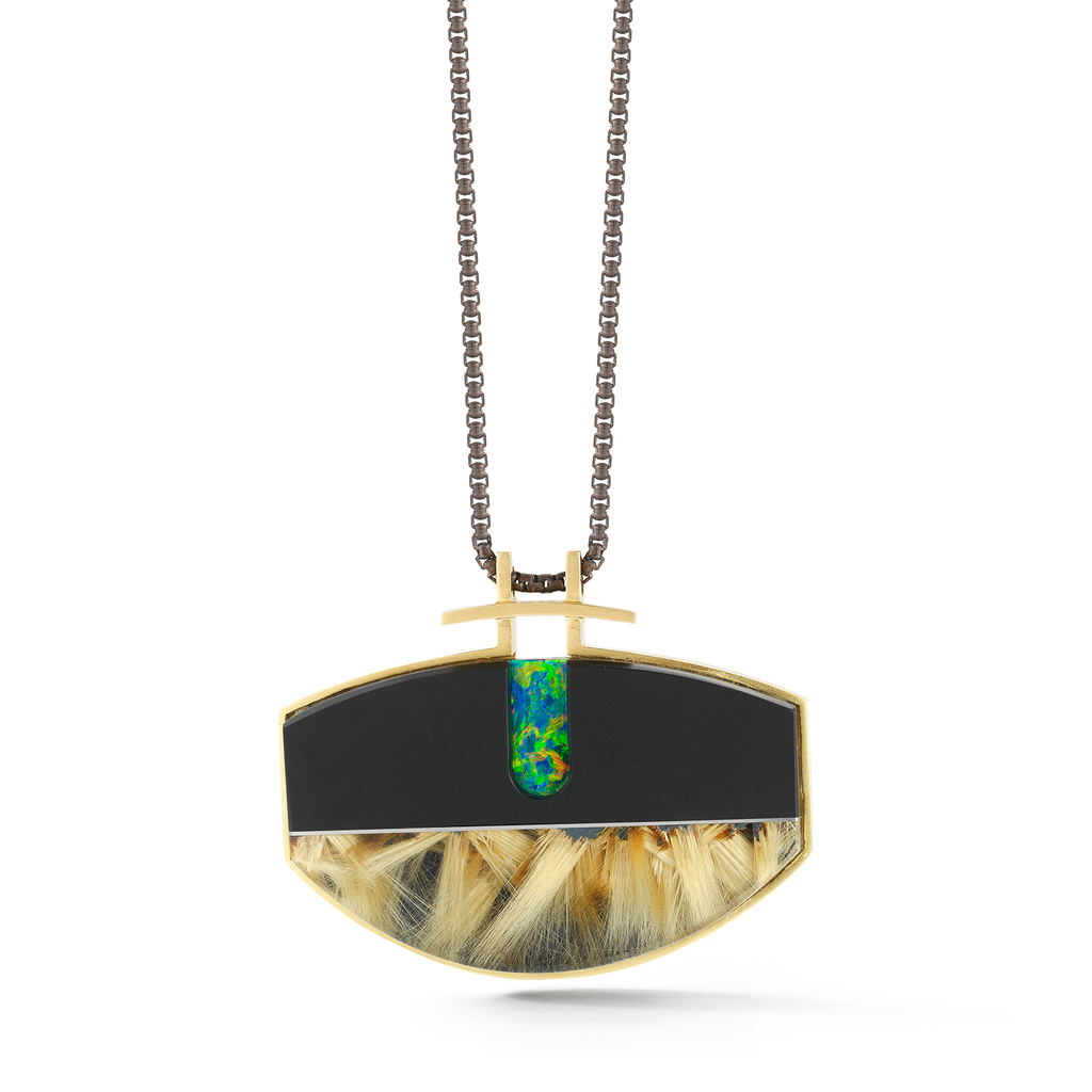 Carved Rutilated Quartz, Black Jade and Opal Gemstone Pendant Necklace by Diana Vincent