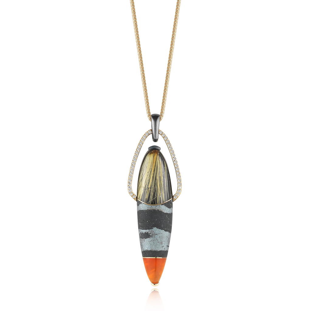 Carved Hematite, Mexican Opal, Rutilated Quartz and Diamond Pendant Necklace by Diana Vincent