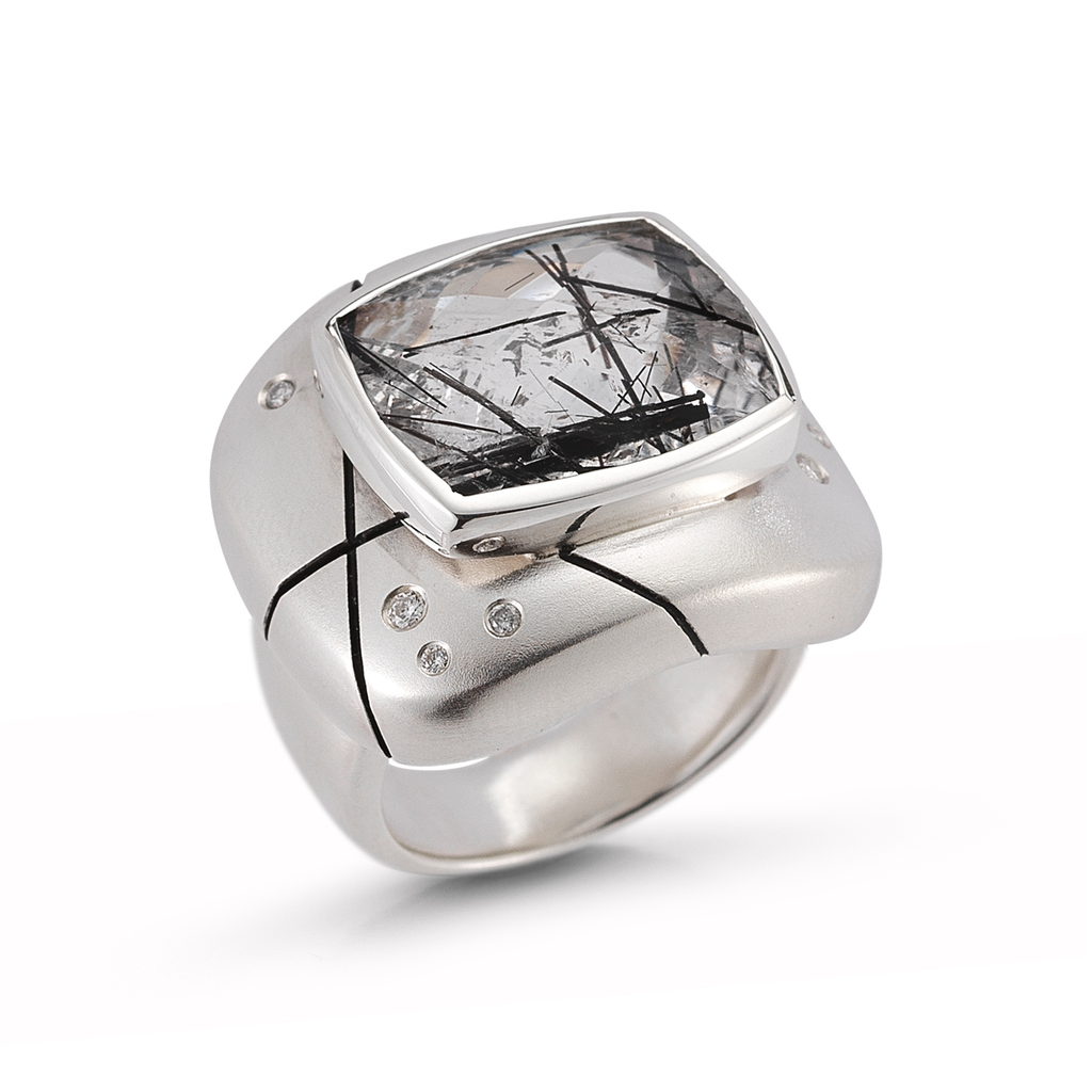 Large Tourmalinated Quartz and Diamond Ring by Diana Vincent