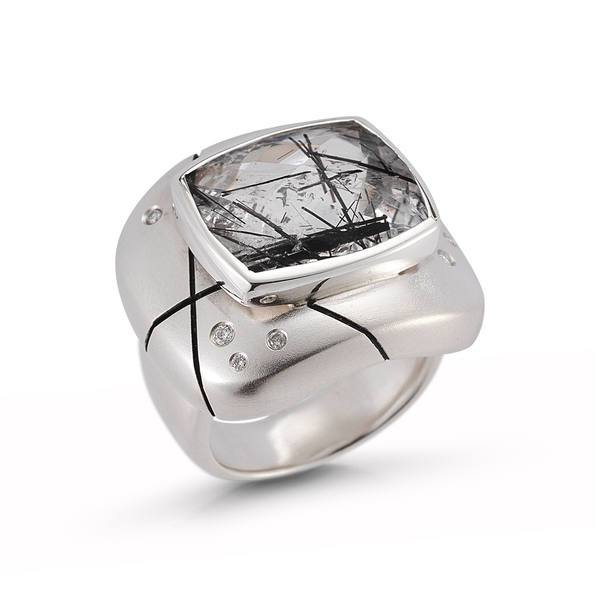 Large Tourmalinated Quartz and Diamond Ring by Diana Vincent