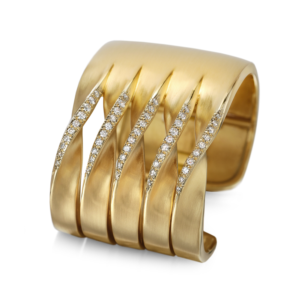 On the Edge Micro Pave Diamonds and Yellow Gold Curves Design Cuff Bracelet by Diana Vincent