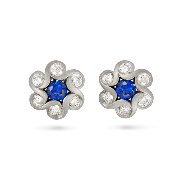Contour Blue Sapphire and Diamond Flower Earrings by Diana Vincent