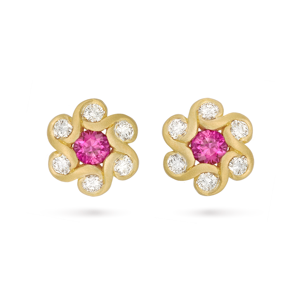 Contour Pink Sapphire & Diamond Flower Earrings by Diana Vincent