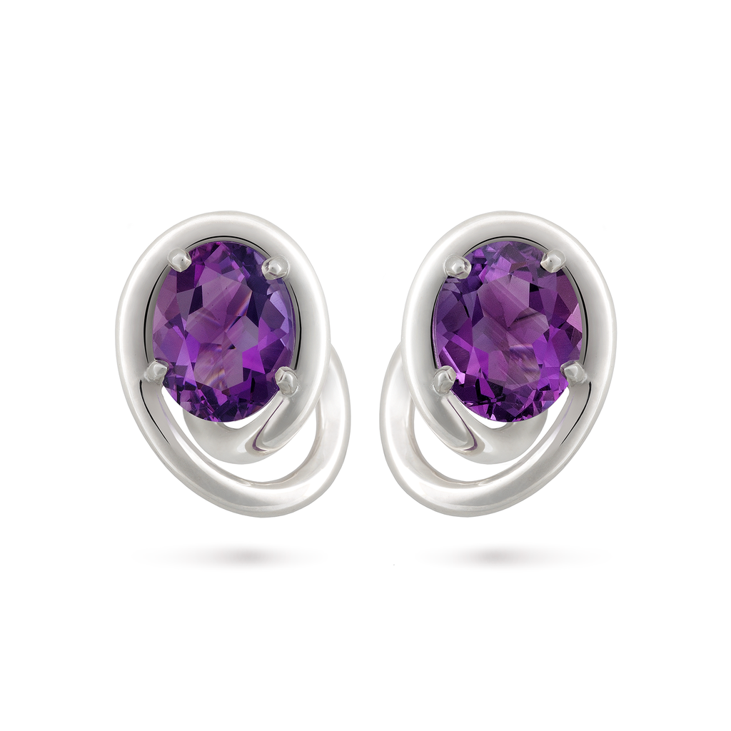 Contour Swirl Oval Amethyst Gemstone and Sterling Silver Earrings by Diana Vincent