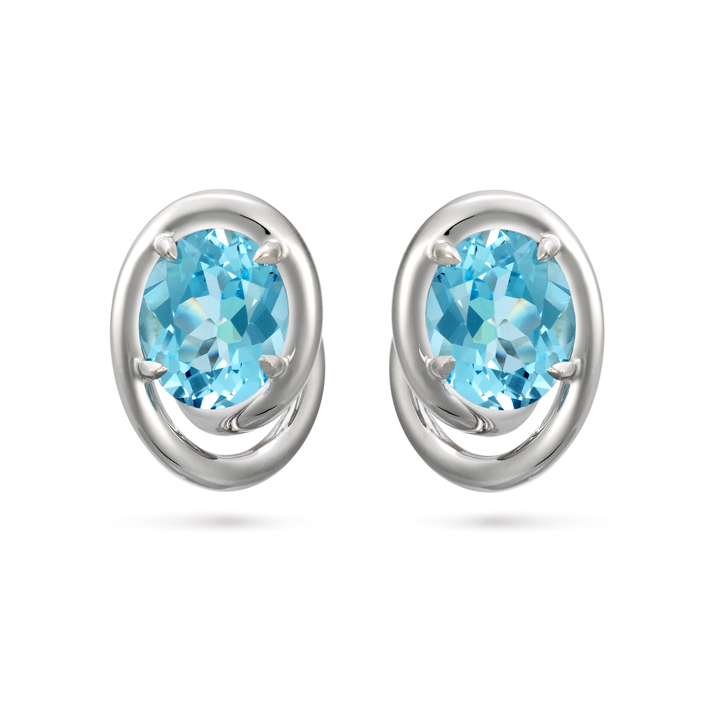 Contour Swirl Oval Blue Topaz Gemstone and White Gold Earrings by Diana Vincent