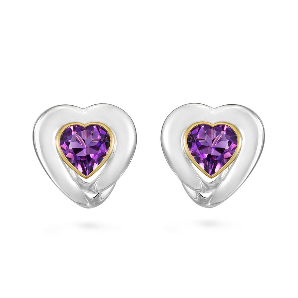 Amethyst Heart Earrings in Yellow Gold and Sterling Silver