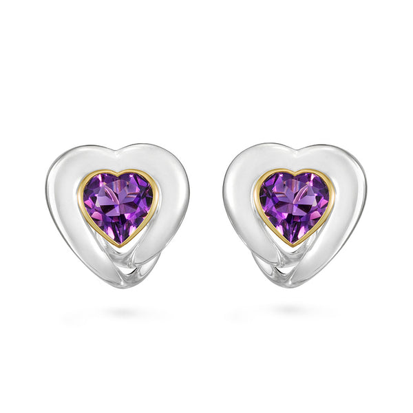 Amethyst Heart Love Design Earrings in Yellow Gold and Sterling Silver by Diana Vincent