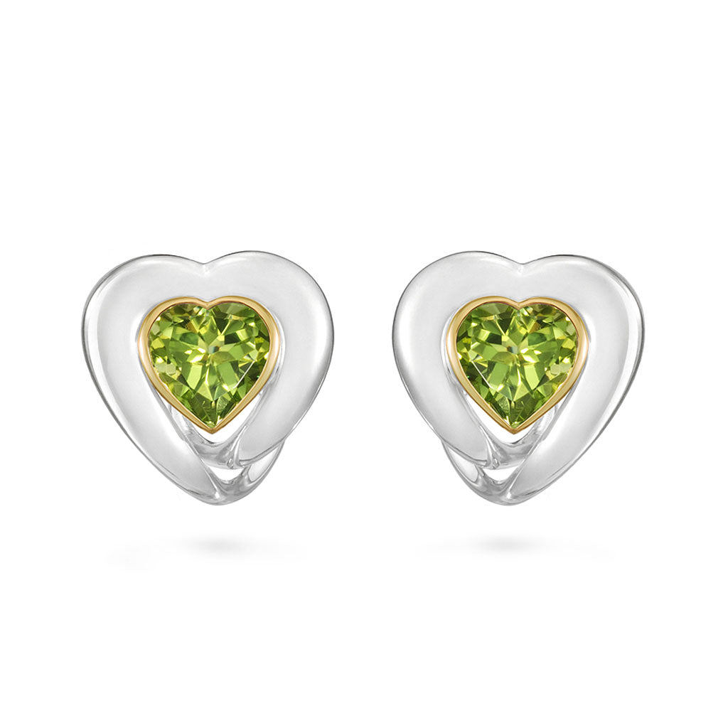 Peridot Heart Love Design Earrings in Yellow Gold and Sterling Silver by Diana Vincent