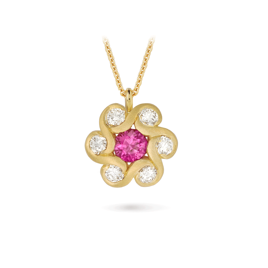Contour Pink Sapphire, Diamond and Yellow Gold Flower Pendant by Diana Vincent