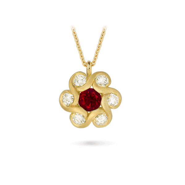 Contour Ruby, Diamond and Yellow Gold Flower Pendant by Diana Vincent