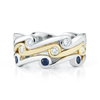 Contour Wave Diamond and Blue Sapphire Gold Stack Bands