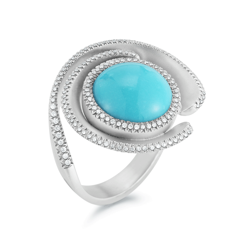 Turquoise Gemstone, Diamond, White Gold Swirl Ring by Diana Vincent