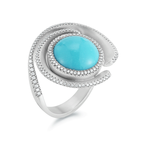 Turquoise Gemstone, Diamond, White Gold Swirl Ring by Diana Vincent