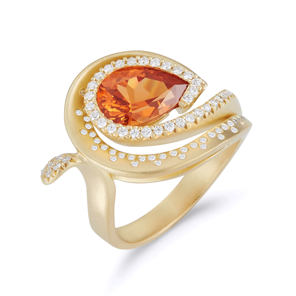 Large Pear Orange Spessartite Garnet Gemstone and Diamond Cocktail Ring by Diana Vincent