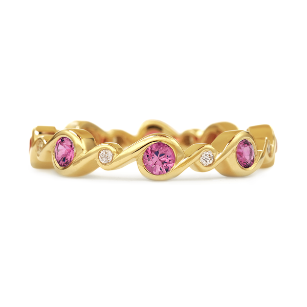 Contour Entwined Yellow Gold and Pink Sapphire and Diamond Stack Band by Diana Vincent