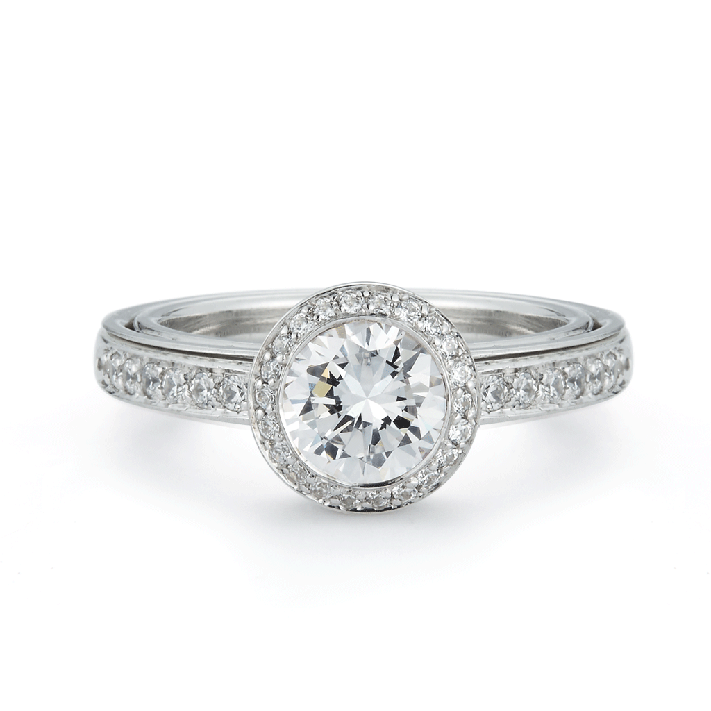 Shop the Entre Nous Round Diamond Engagement Ring with Diamond Halo and Band Online