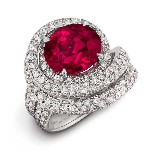Large Natural Burma Ruby Red Gemstone and Diamond Cocktail Ring by Diana Vincent