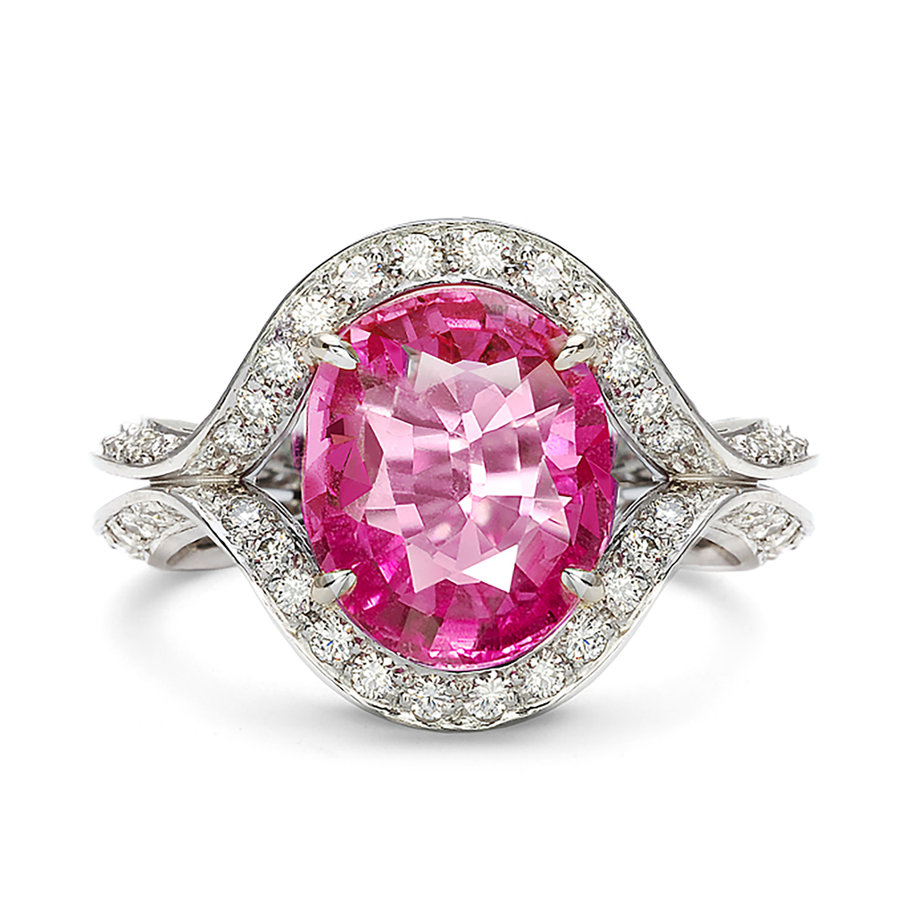 Duet Oval Pink Sapphire & Diamond Platinum Ring by Diana Vincent