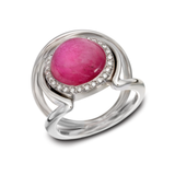 Large Cabochon Pink Tourmaline Gemstone and Diamond Double Band Ring by Diana Vincent