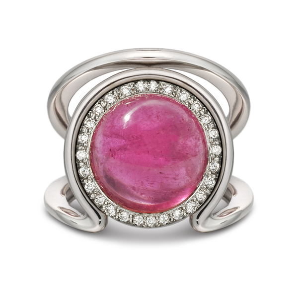 Large Cabochon Pink Tourmaline Gemstone and Diamond Ring by Diana Vincent