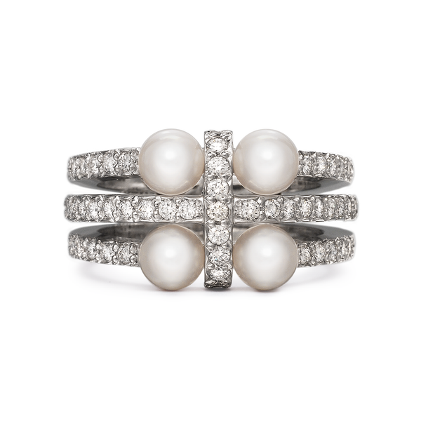 Girl Interrupted Cross Pearls and Diamond Ring in White Gold by Diana Vincent