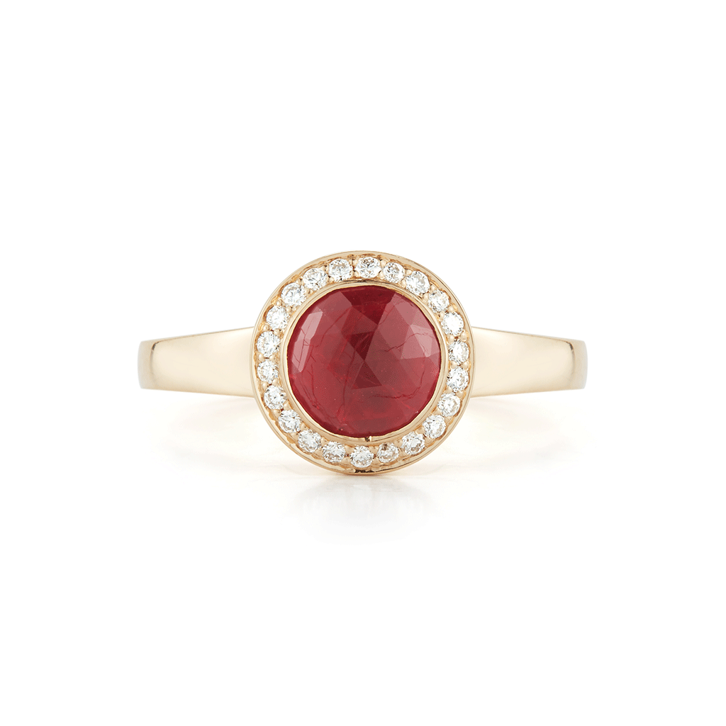 Shop the Rose Cut Ruby and Diamond Alternative Engagement Ring in Yellow Gold Online