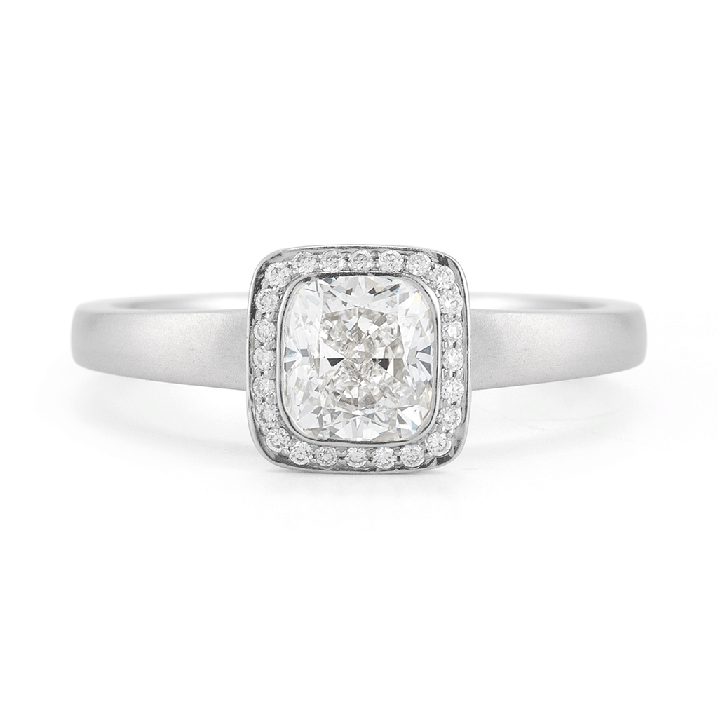 Shop the Cushion Cut Diamond Halo Engagement Ring in Platinum Online